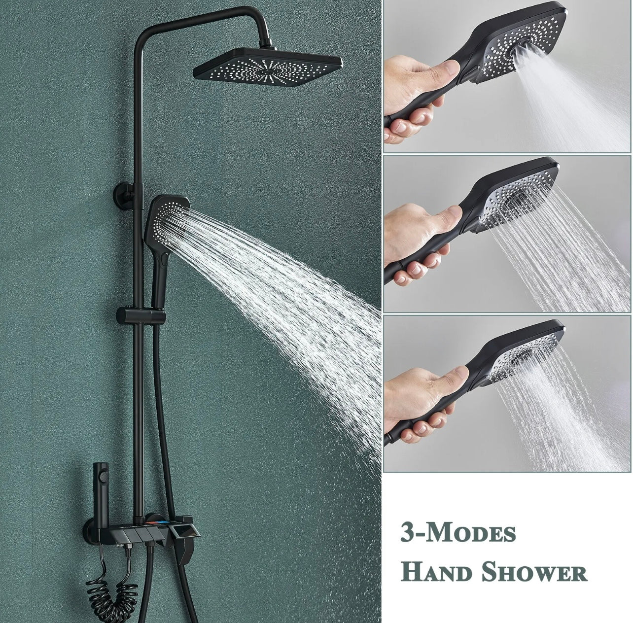 4 In 1 Slim Exposed Shower System Set Rain Shower Head Combo Shower Faucet Fixtures W/LCD Display