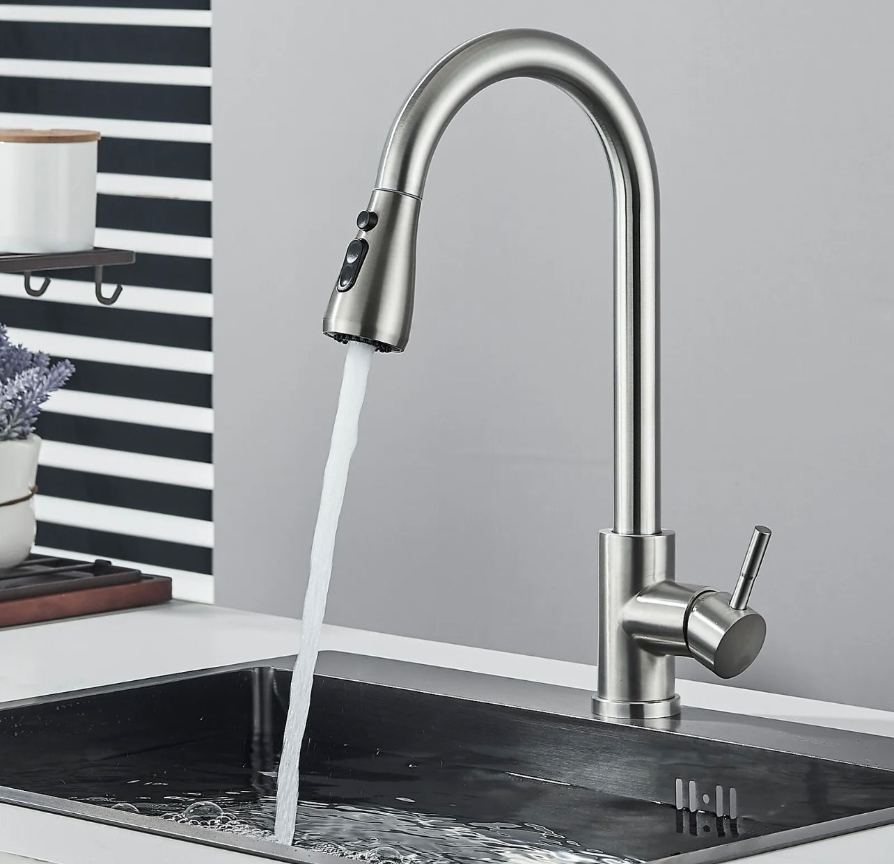 Brushed nickel pull out kitchen faucet