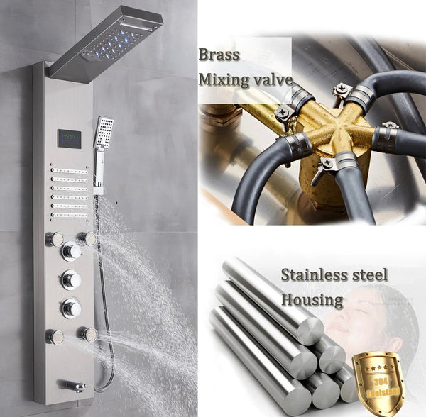 #1275 Brushed Nickel Stainless Steel LED Shower Panel 5-Funtion Tower Rain&Waterfall Massage Jets System Mixer