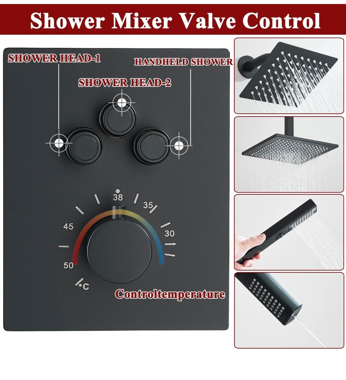 #1054 12-INCH + 6-INCH MATTE BLACK 3 FUNCTION BUTTON PRESS THERMOSTATIC SHOWER SYSTEM