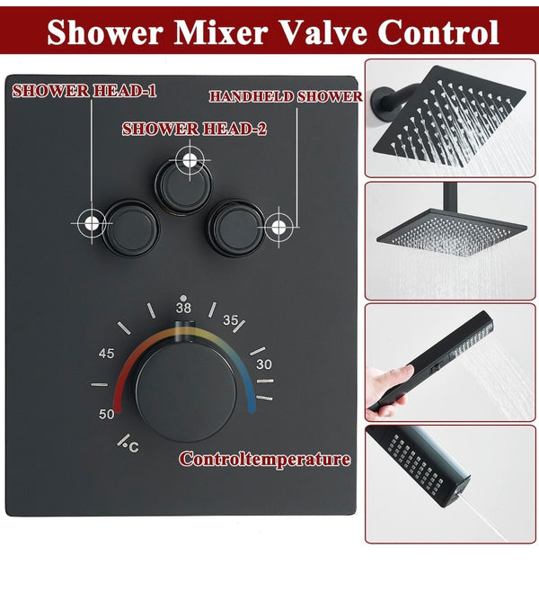 #1054 12-INCH + 6-INCH MATTE BLACK 3 FUNCTION BUTTON PRESS THERMOSTATIC SHOWER SYSTEM