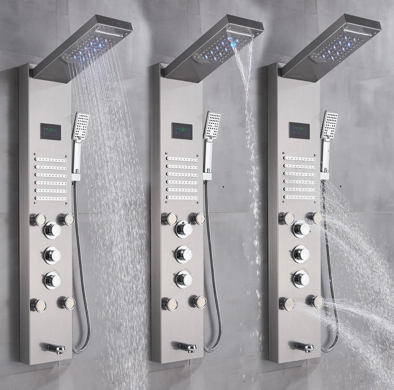 Stainless Steel LED Shower Panel 6 Funtion Tower Rain&Waterfall Massage Jets System Mixer