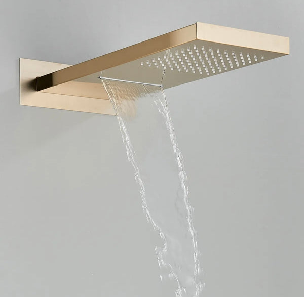 #1017 BRUSHED GOLD 2 FUNCTION RAIN & WATERFALL SHOWER HEAD THERMOSTATIC MIXER SHOWER SET