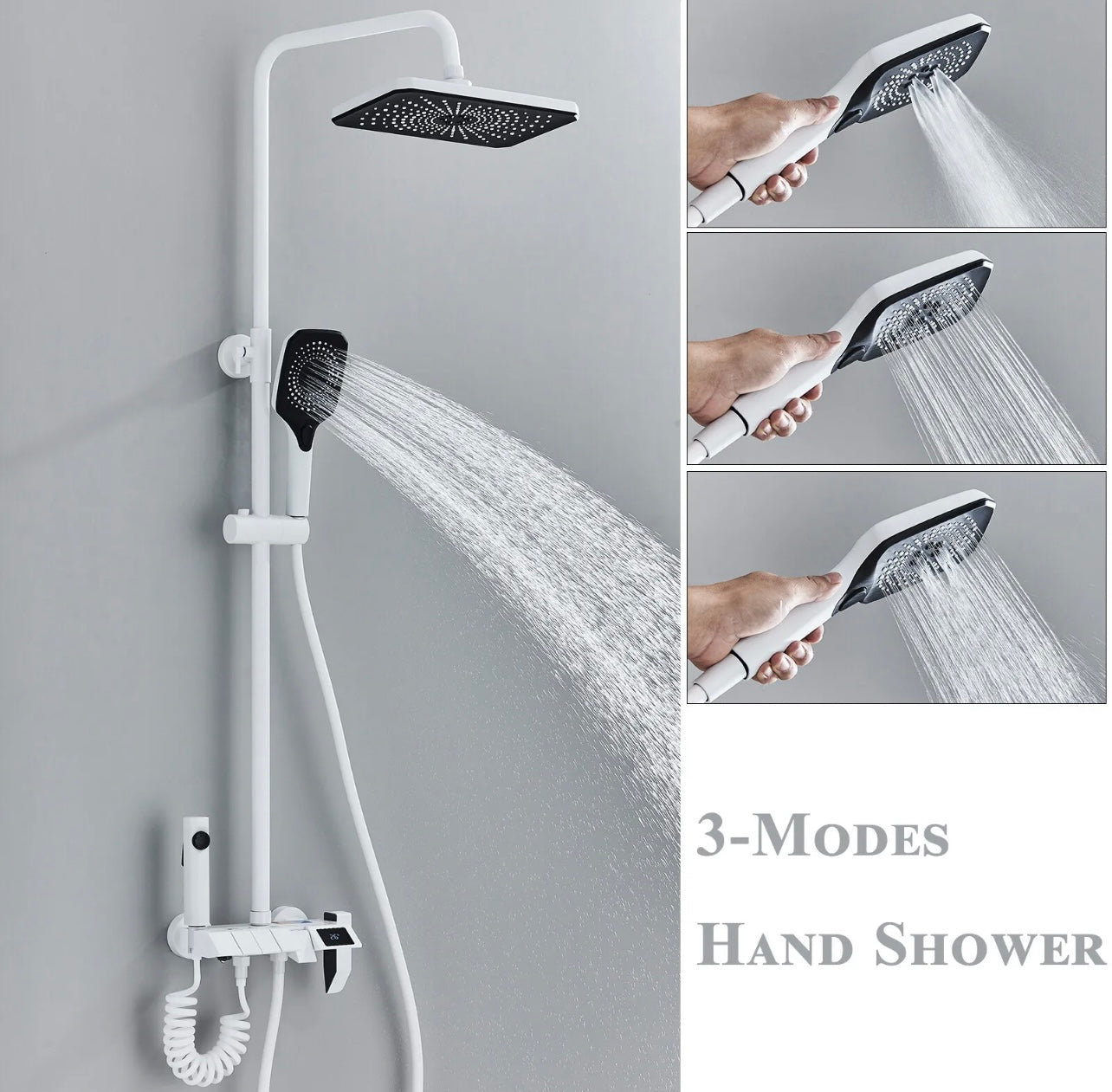 4 In 1 Slim Exposed Shower System Set Rain Shower Head Combo Shower Faucet Fixtures W/LCD Display