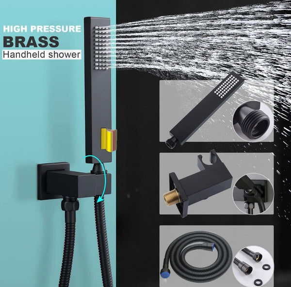 16x32 inch matte black led 3 function ceiling mount shower system with 6x massage jets