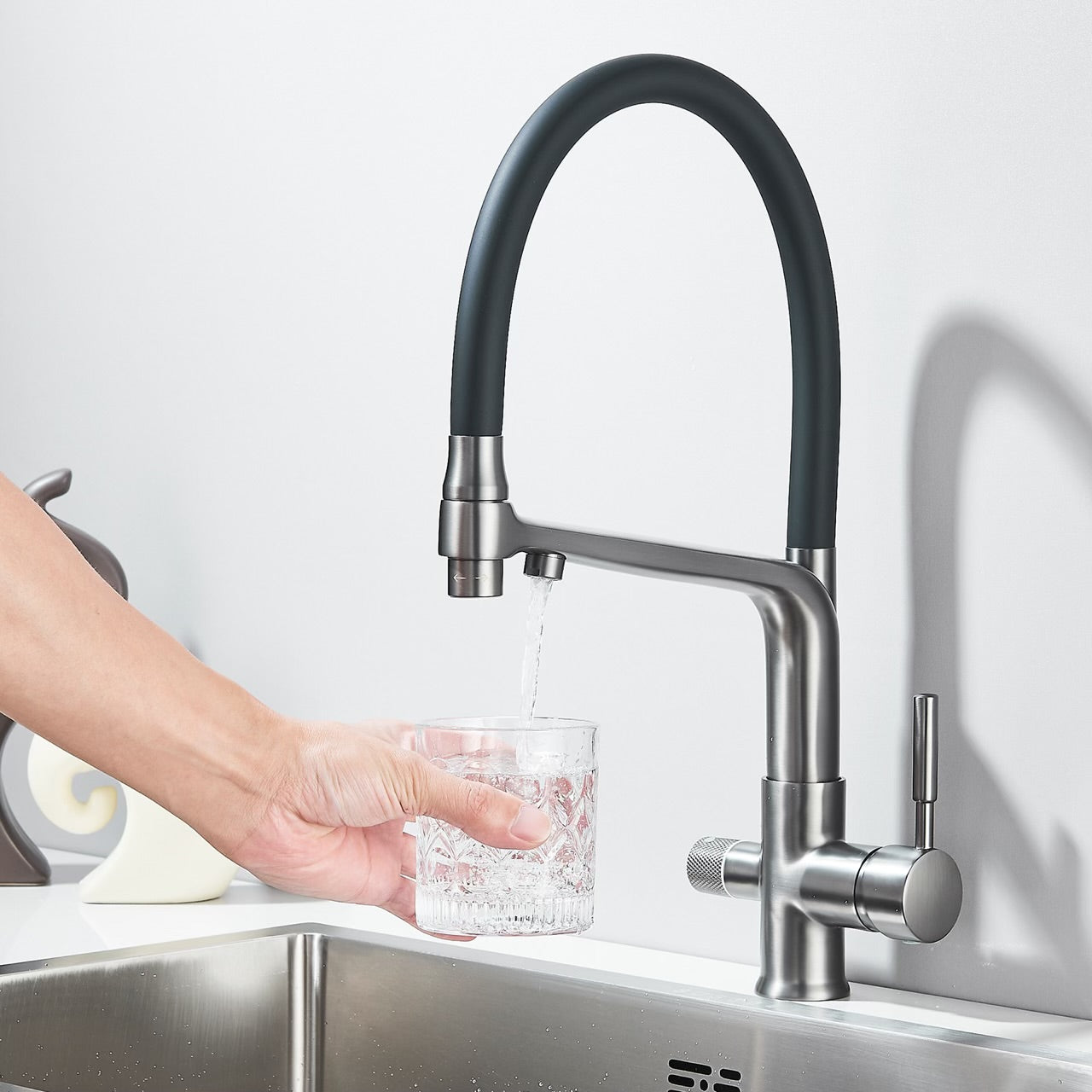 #1547 MATTE GRAY PULL-DOWN  DUAL SPRAY-HEAD TAP WATER + PURIFIED WATER KITCHEN FAUCET