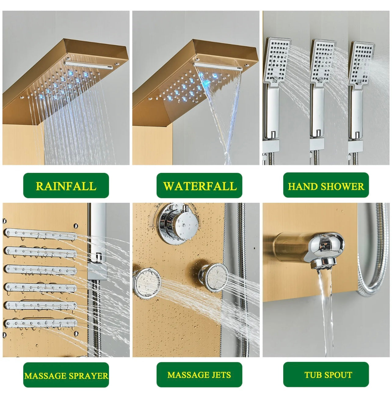 #1274 Brushed Gold Stainless Steel LED Shower Panel 5-Funtion Tower Rain&Waterfall Massage Jets System Mixer