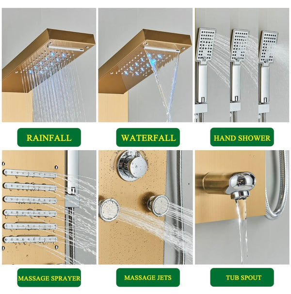 #1274 Brushed Gold Stainless Steel LED Shower Panel 5-Funtion Tower Rain&Waterfall Massage Jets System Mixer