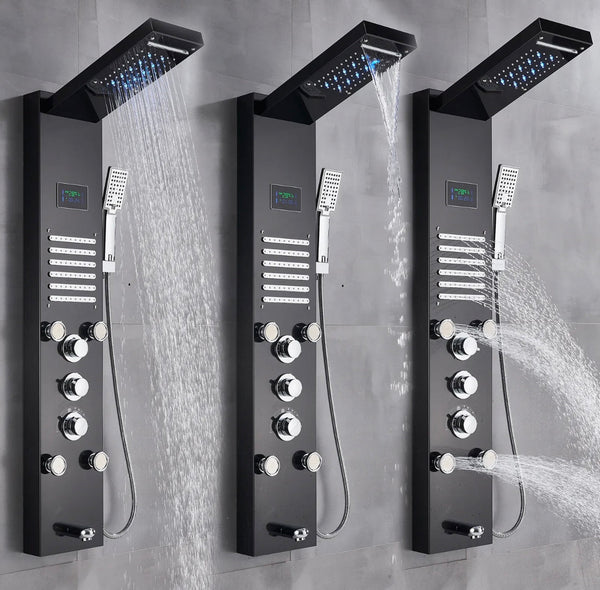#1276 Black Stainless Steel LED Shower Panel 5-Funtion Tower Rain&Waterfall Massage Jets System Mixer