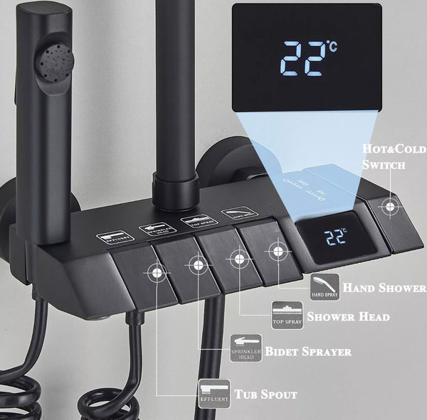 #1167 MATTE BLACK 4 IN 1 EXPOSED SHOWER SYSTEM SET LCD TEMP RAIN SHOWER HEAD COMBO OUTDOOR/INDOOR SHOWER FAUCET FIXTURES