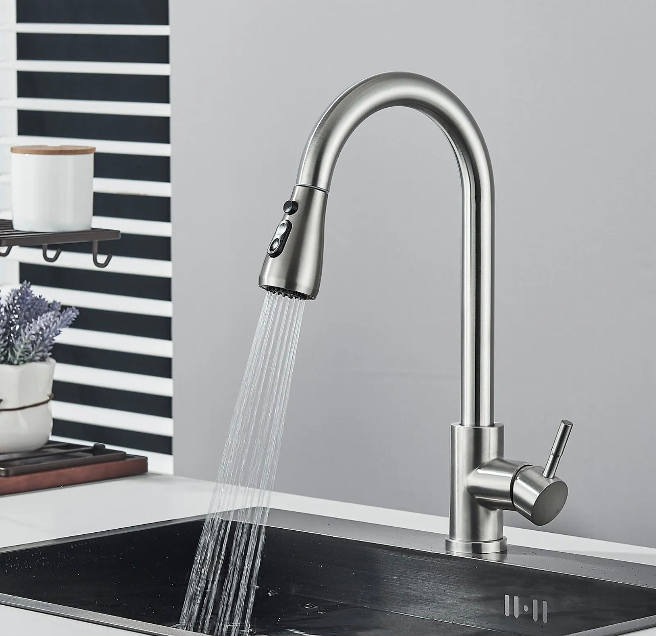 Brushed nickel pull out kitchen faucet