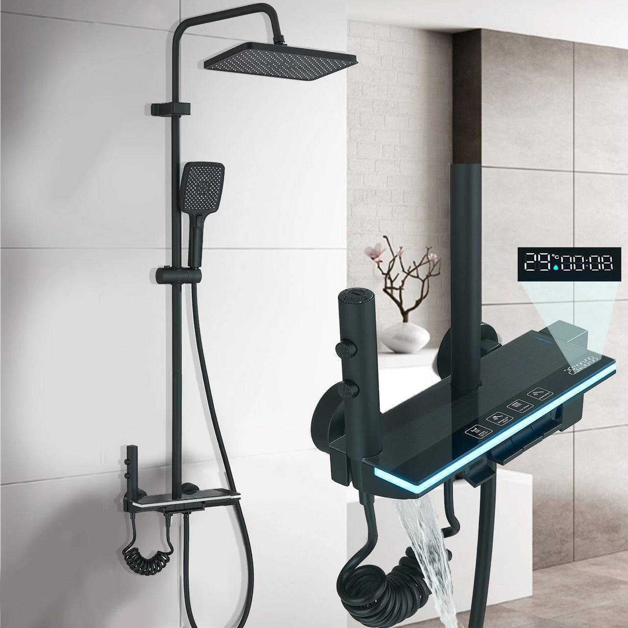 #1180 MATTE BLACK 4 IN 1 LCD TEMP EXPOSED SHOWER SYSTEM