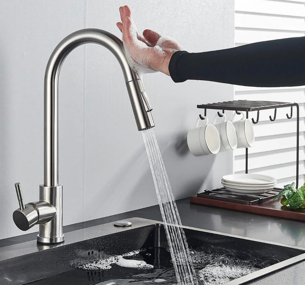 #1571 BRUSHED NICKEL PULL-OUT TOUCH SENSOR KITCHEN FAUCET WITH DUAL SPRAY HEAD