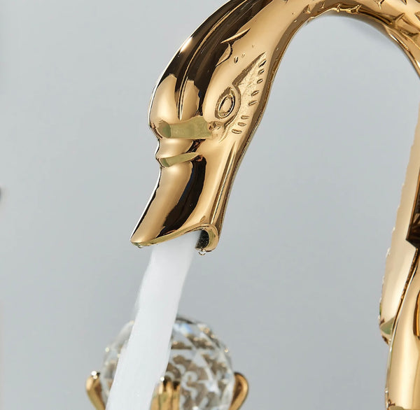 #1414 GOLD SWAN 8 INCH WIDESPREAD WITH 2 CRYSTAL KNOBS WATERFALL SPOUT VANITY FAUCET