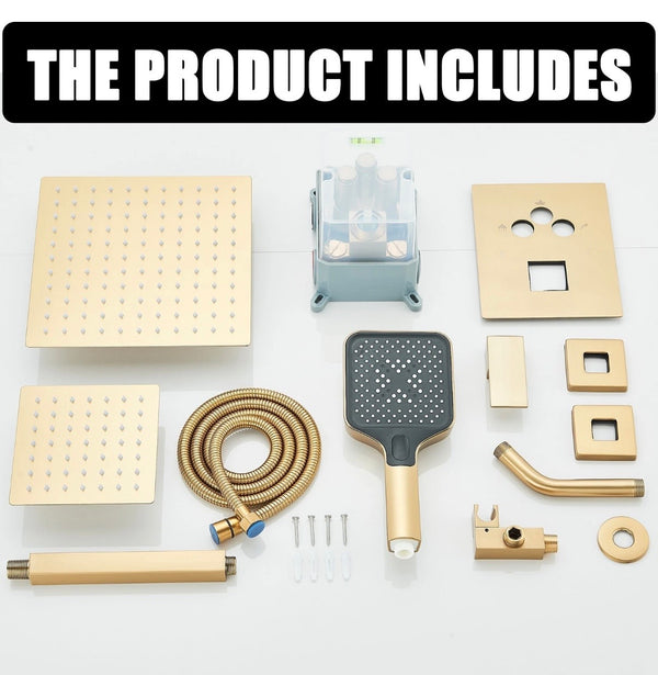 #1053 12-INCH + 6-INCH BRUSHED GOLD 3 FUNCTION BUTTON PRESS SHOWER SYSTEM