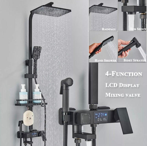 #1151 MATTE BLACK 4 IN 1 EXPOSED SHOWER FAUCET SYSTEM LCD RAINFALL HEAD COMBO WITH HAND SHOWER AND CADDY SHELF