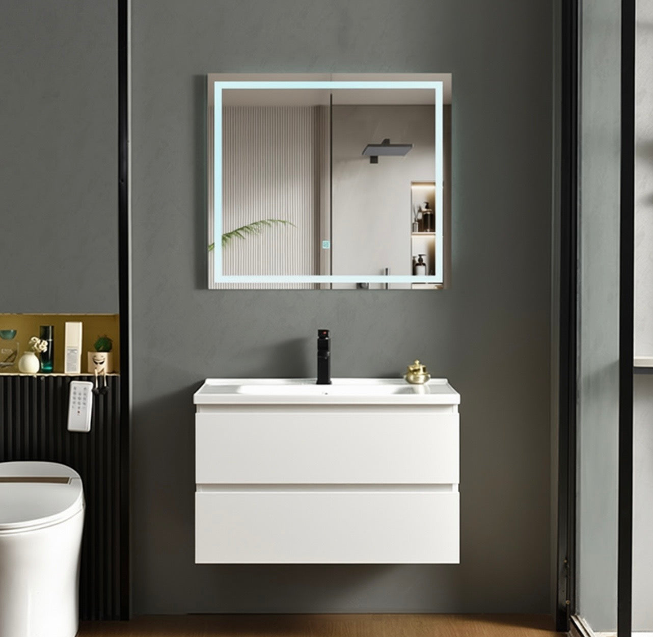 #1708 SG9243 32-Inch White Floating Vanity Set with LED Mirror