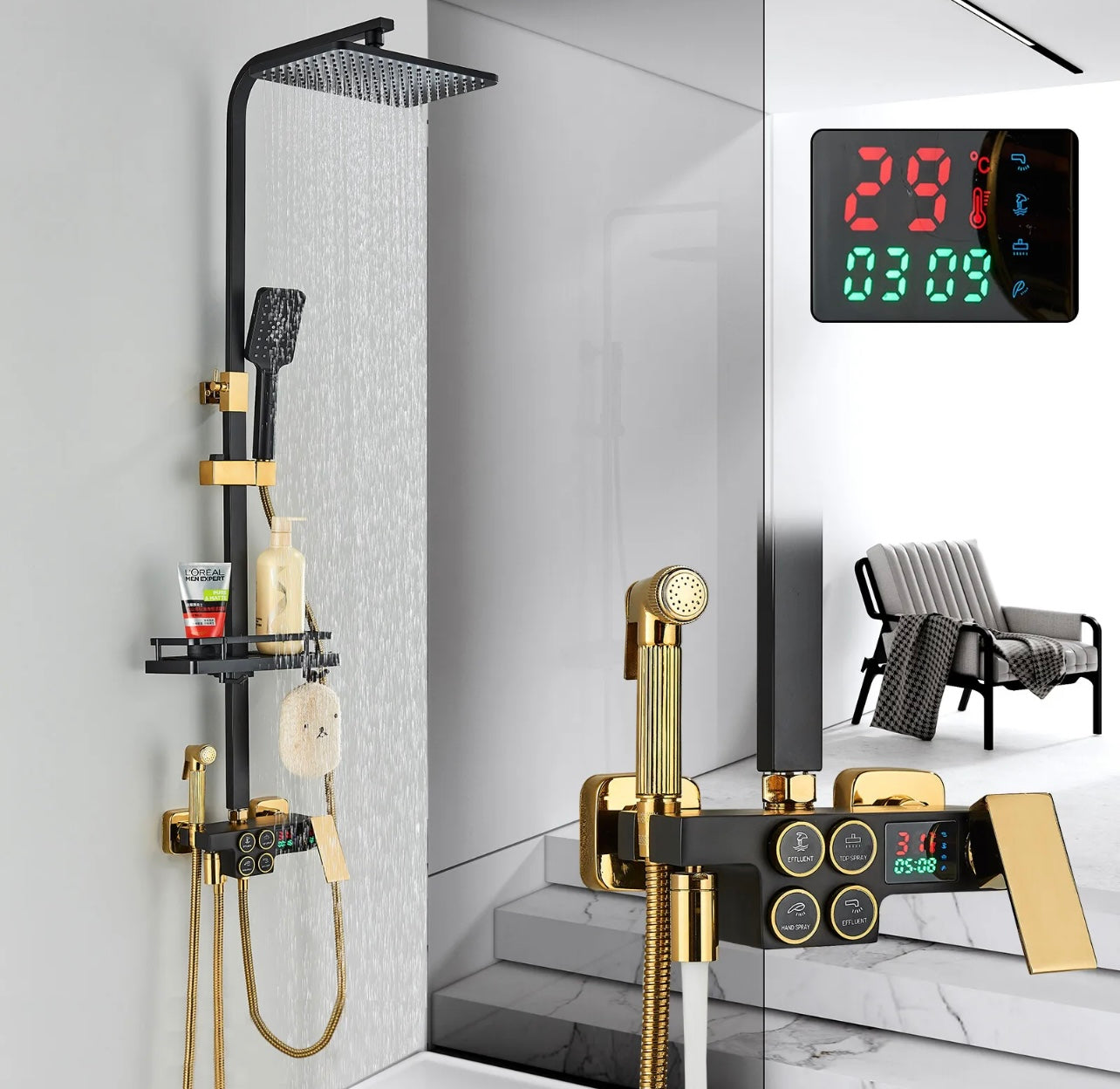 4 In 1 Rainfall Button Press Exposed Shower System With LCD Display