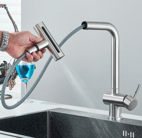 #1583 BRUSHED NICKEL PULL-OUT 4 MODES KITCHEN FAUCET