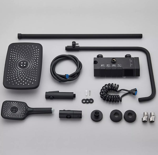 #1167 MATTE BLACK 4 IN 1 EXPOSED SHOWER SYSTEM SET LCD TEMP RAIN SHOWER HEAD COMBO OUTDOOR/INDOOR SHOWER FAUCET FIXTURES