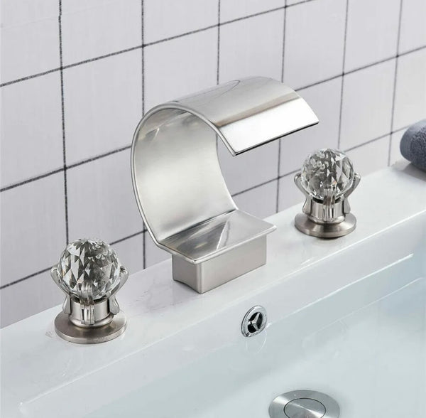 #1423 BRUSHED NICKEL 8 INCH WIDESPREAD WITH 2 CRYSTAL KNOBS HIGH ARC WATERFALL VANITY FAUCET