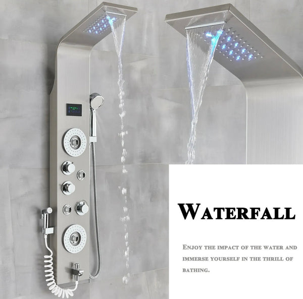#1270 BRUSHED NICKEL STAINLESS RAINFALL WATERFALL LED SHOWER PANEL TOWER MASSAGE SPRAY SYSTEM
