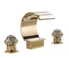 #1421 GOLD 8 INCH WIDESPREAD WITH 2 CRYSTAL KNOBS HIGH ARC WATERFALL VANITY FAUCET