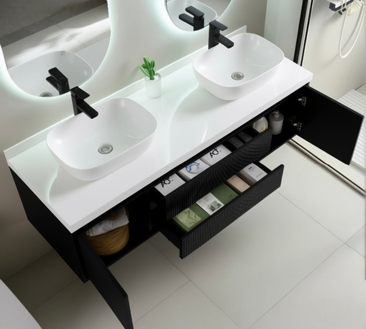 #1713 SG9249 48-Inch Black Stripe His & Her Floating Vessel Sink Vanity Set with LED Mirrors