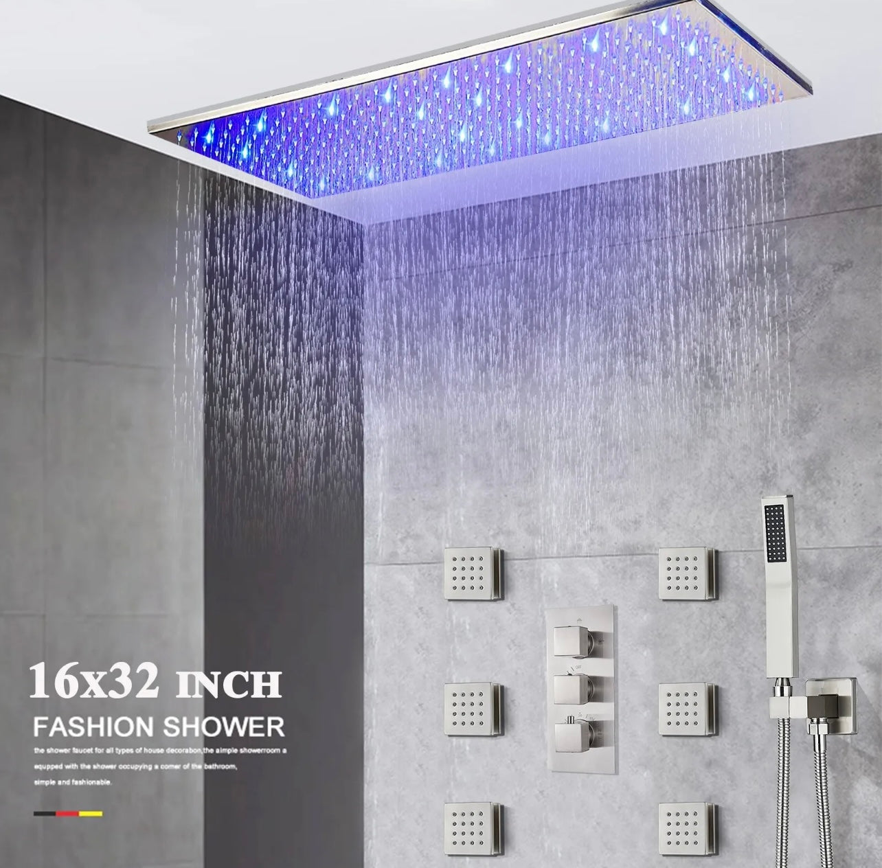 16x32 inch brushed nickel led 3 function ceiling mount shower system with 6x massage jets