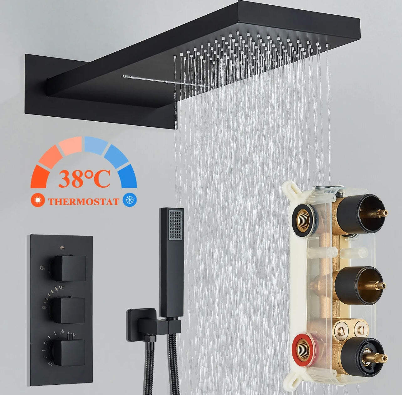 Shower Faucet Set w/Thermostatic Valve System Rain Waterfall Shower Head Combo