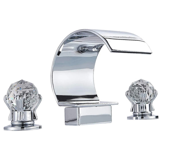 #1422 CHROME 8 INCH WIDESPREAD WITH 2 CRYSTAL KNOBS HIGH ARC WATERFALL VANITY FAUCET