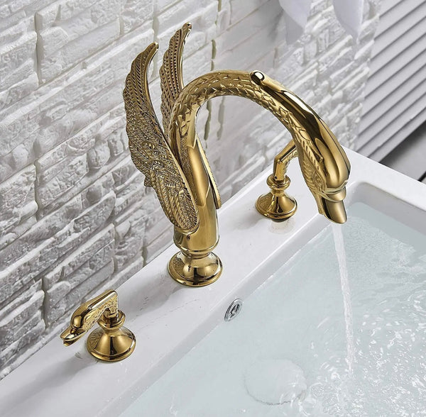 #1415 GOLD SWAN 8 INCH WIDESPREAD WITH 2 SWAN HANDLES WATERFALL SPOUT VANITY FAUCET