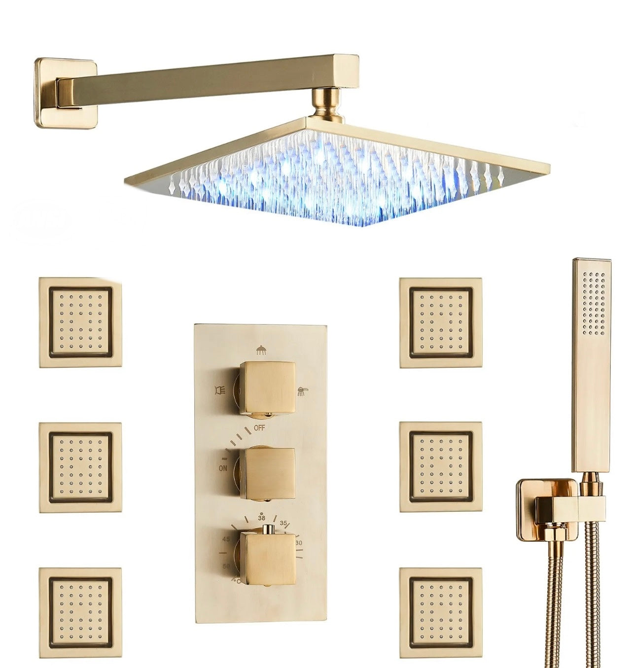 12 inch brushed gold 3 function led wall mount shower system with 6x massage jets