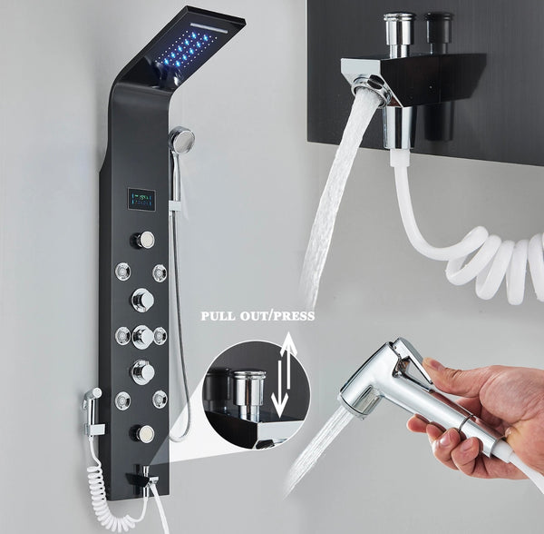 #1286 BLACK STAINLESS STEEL LED 6-FUNCTION SHOWER PANEL RAIN, WATERFALL & JETS