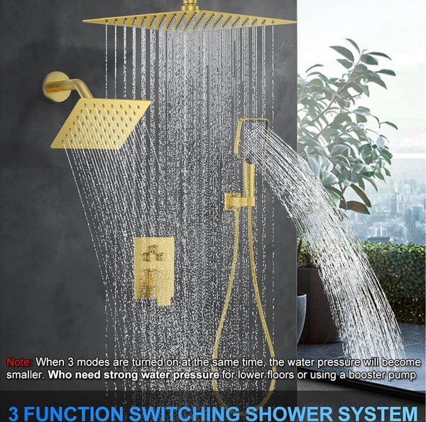 #1053 12-INCH + 6-INCH BRUSHED GOLD 3 FUNCTION BUTTON PRESS SHOWER SYSTEM