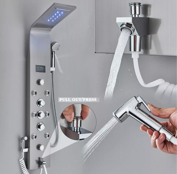 #1279 BRUSHED NICKEL 6 FUNCTION RAINFALL & WATERFALL LED SHOWER PANEL TOWER MASSAGE SPRAY SYSTEM