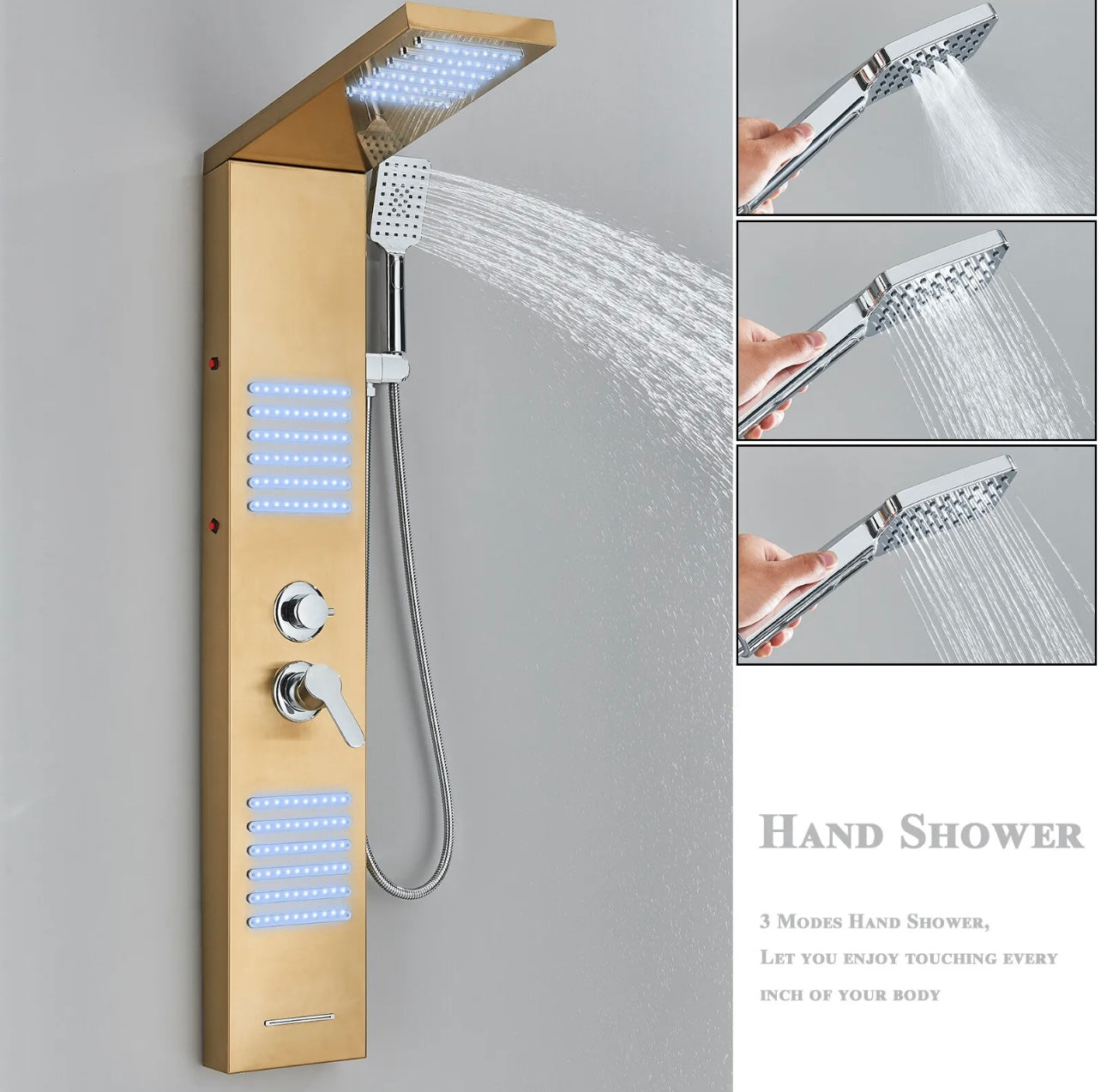 LED Rainfall Shower Panel Tower Massage Shower Faucet System Set Stainless Steel