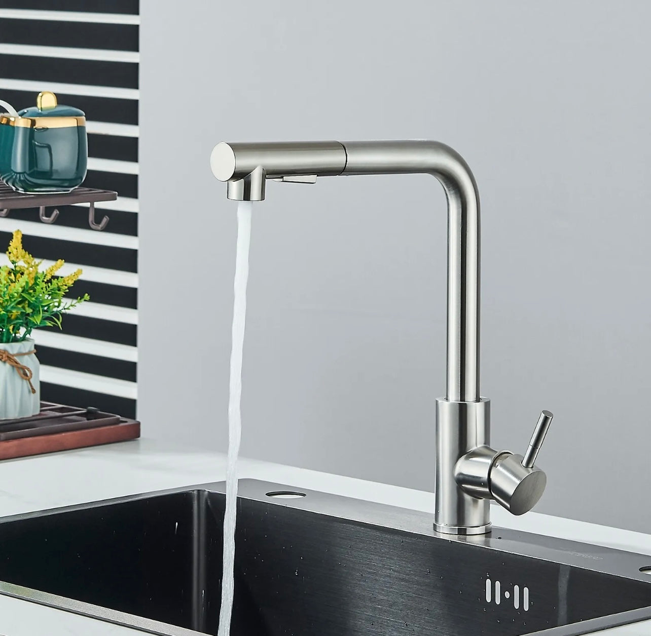 Brushed nickel pull out kitchen faucet