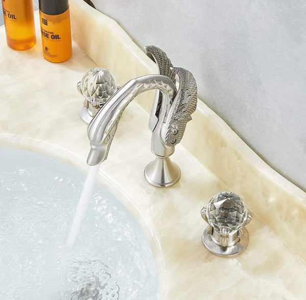 #1413 BRUSHED NICKEL SWAN 8 INCH WIDESPREAD WITH 2 CRYSTAL KNOBS WATERFALL SPOUT VANITY FAUCET