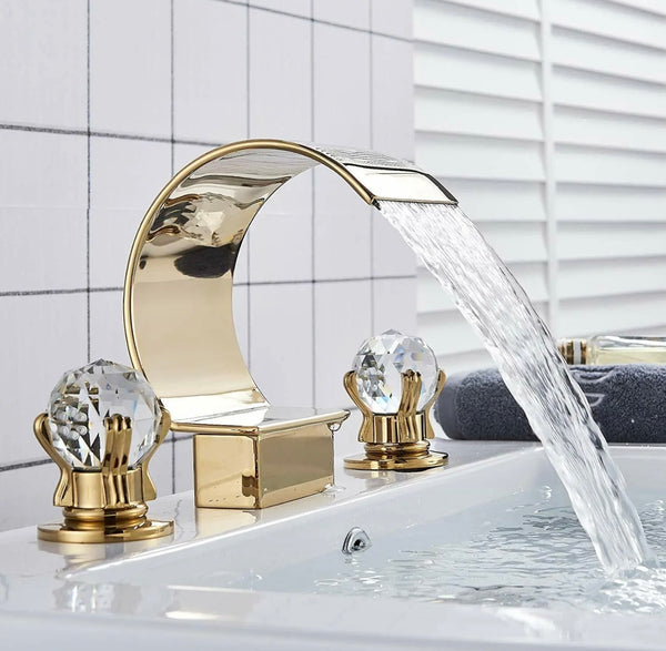 #1421 GOLD 8 INCH WIDESPREAD WITH 2 CRYSTAL KNOBS HIGH ARC WATERFALL VANITY FAUCET