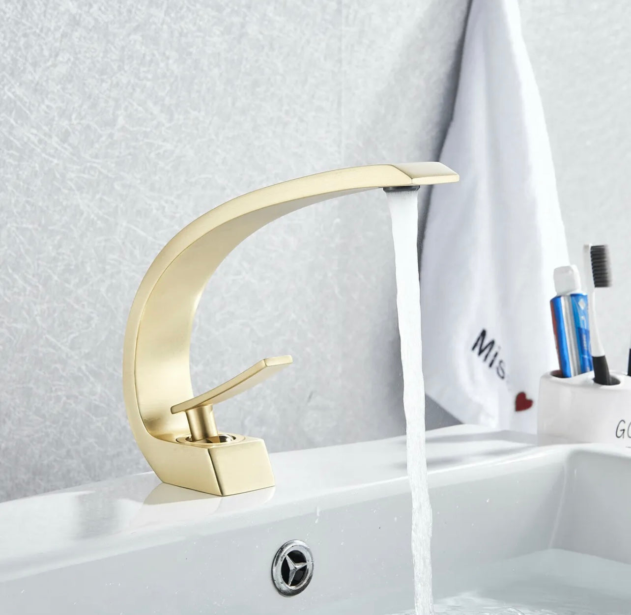 #1383 BRUSHED GOLD CURVED WATERFALL VANITY FAUCET