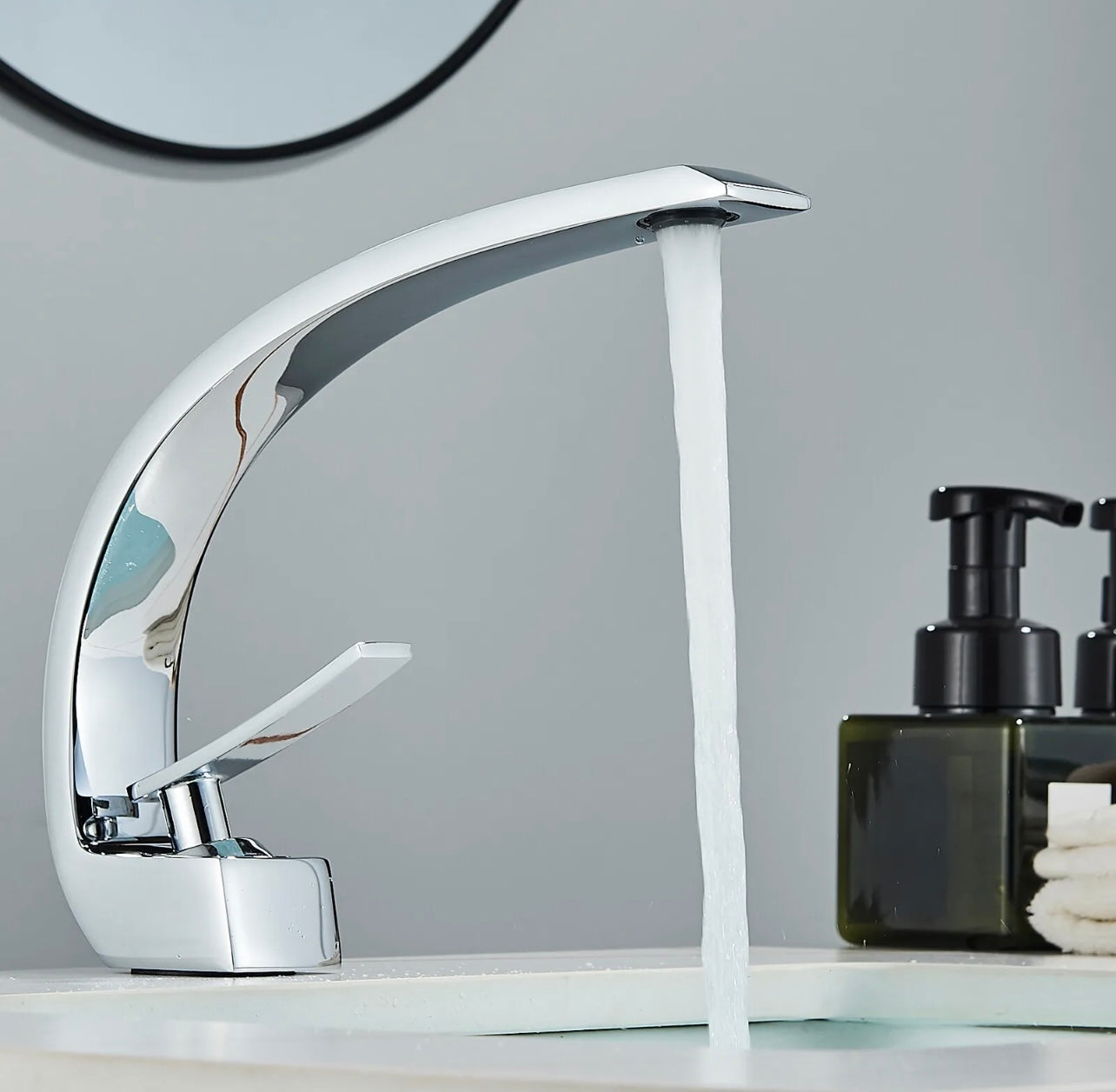 #1382 POLISHED CHROME CURVED WATERFALL VANITY FAUCET