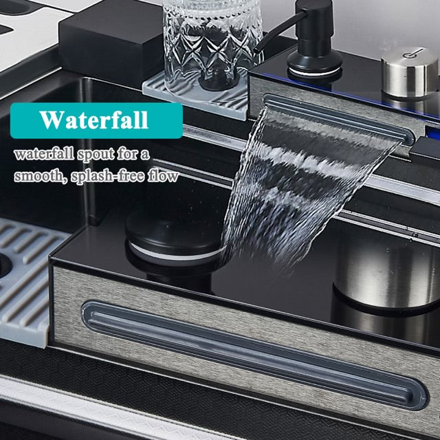 #1542 STAINLESS STEEL SMART LCD TEMP KITCHEN SINK COMBO WITH TAP WATER PULL-OUT FAUCET + PURIFIED WATER FAUCET, SOAP DISPENSER, GLASS RINSER & MULTIPLE ACCESSORIES 29.5”