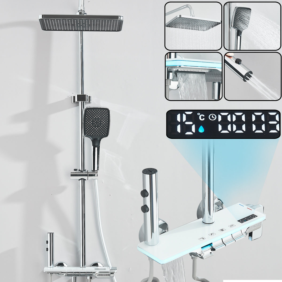 #1185 Polished Chrome 4-in-1 Exposed Shower System with LCD Display with Piano Keys