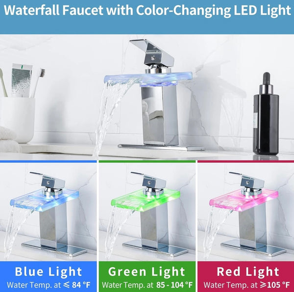#1483 CHROME LED GLASS WATERFALL VANITY FAUCET