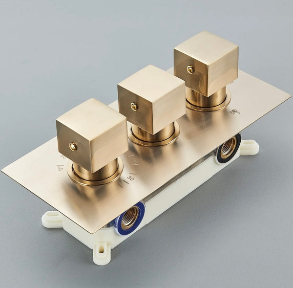 16x32 INCH BRUSHED GOLD LED 3 FUNCTION CEILING MOUNT SHOWER SYSTEM WITH 6x MASSAGE JETS