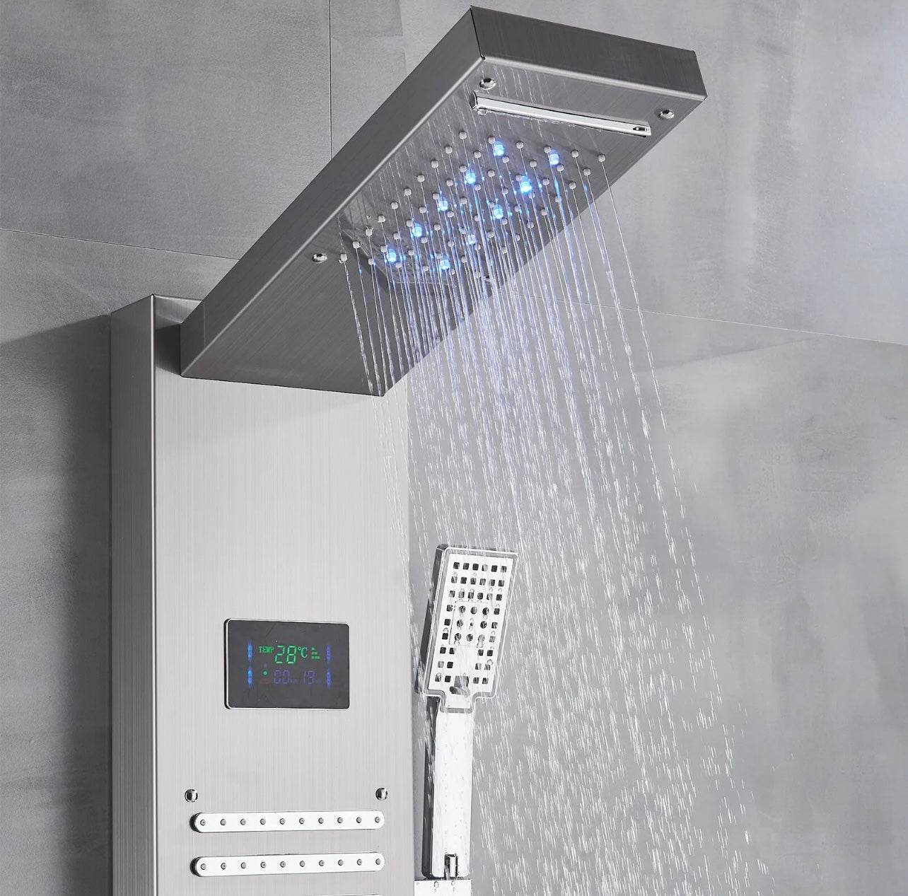 Stainless Steel LED Shower Panel 6 Funtion Tower Rain&Waterfall Massage Jets System Mixer