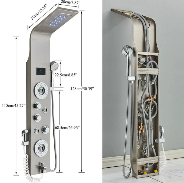#1271 Stainless Steel 6-Function Rainfall & Waterfall LED Shower Panel Tower Massage Spray System