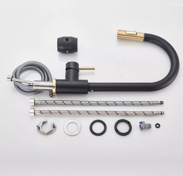 #1588 2 TONE BLACK & GOLD PULL-OUT KITCHEN FAUCET WITH DUAL SPRAY HEAD