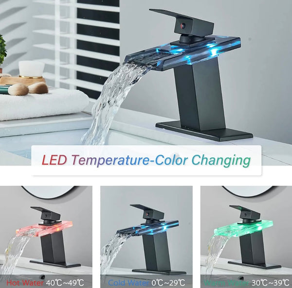 #1425 MATTE BLACK & LED GLASS WATERFALL VANITY FAUCET